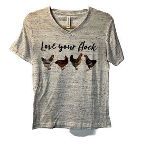 Bella Canvas Womens Chicken Love Your Flock Graphic Tee V-Neck Grey Small EUC